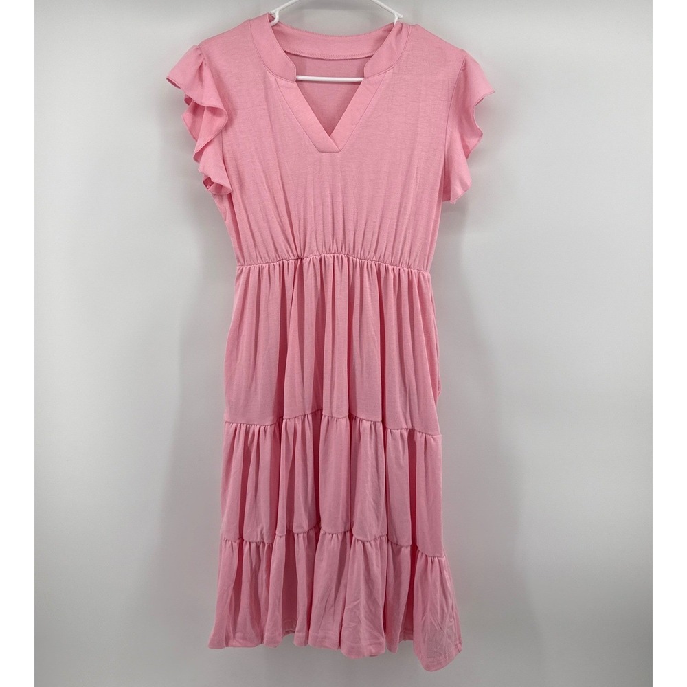 Yesfashion Pink Tiered Midi Dress Ruffle Cap Sleeve V-Neck Elastic Waist MEDIUM
